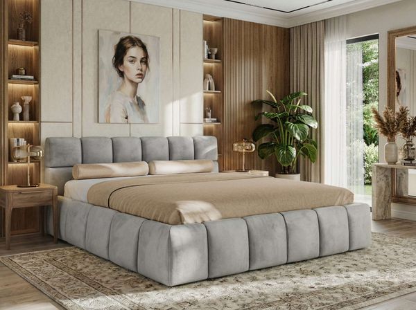 Doppelbett mit Gasdruckfeder, Polsterbett NIRA CLASSIC Holzlattenrost Bett mit Stauraum, gepolstertes Kopfteil Bettkasten Foam Matratze - 140 x 200 cm - Hellgrau Velvet - MIRO LUX