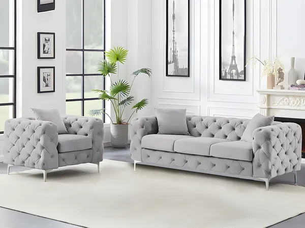 Vente-unique - EDWINA Sofa and armchair set SamtStoff Grau - B 91 cm x H 76 cm x L 106 cm220 cm