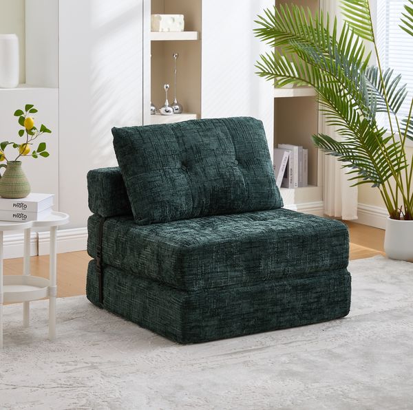 Schlafsofa 79 x 79 x 57 cm, ausklappbar bis 79 x 180 x 18 cm – Bodensofa aus Chenille mit Kissen
