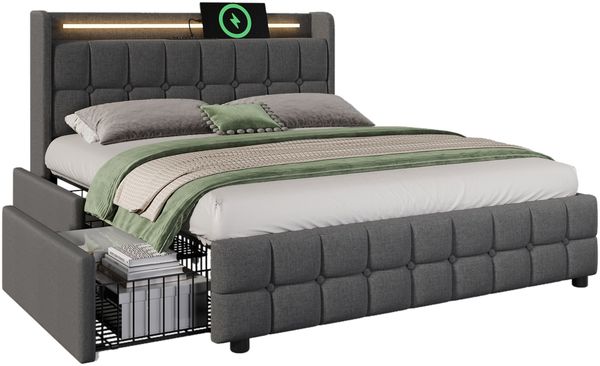 Polsterbett mit aufladen USB Ladefunktion Kopfteil und LED-Beleuchtung und 4 Schubladen, Doppelbett 140x200 cm Stauraumbetten Bettgestell, Lattenrost aus Holz, Grau (Ohne Matratze)