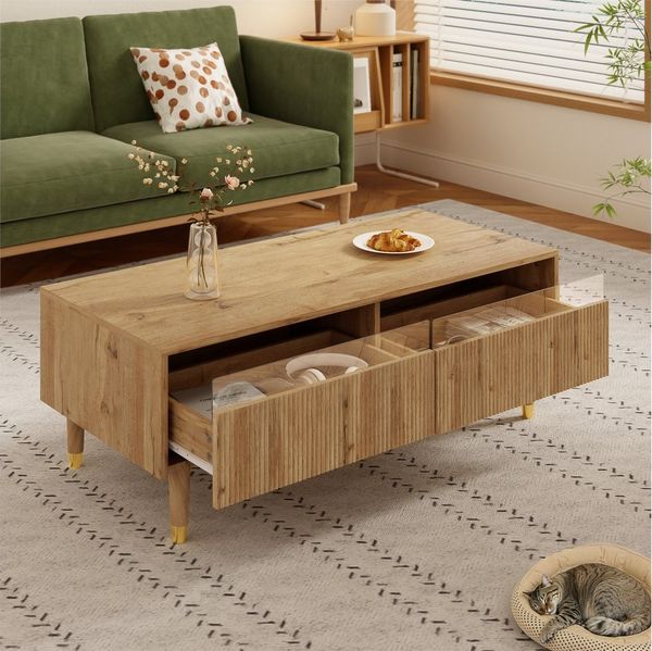 Merax Couchtisch Sofatisch Beistelltisch mit LED-Beleuchtung (1-St), Wohnzimmertisch mit 2 Schubladen & Massivholzbeinen, 110×50×40 cm