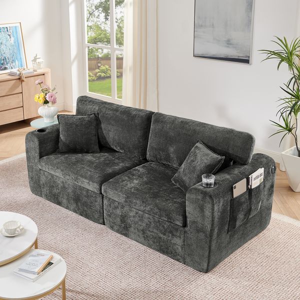 Sofa Zwillinge 220×100×89 cm aus weichem Chenille-Stoff mit Getränkehalter & Seitentasche, schwarz
