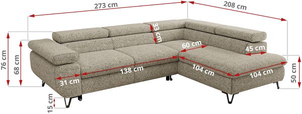 MKS Möbel 'Pablo L-Form' Ecksofa mit Schlaffunktion, verstellbare Kopfstützen, Beige, Struktur, T25 Topper, Links Bild 6