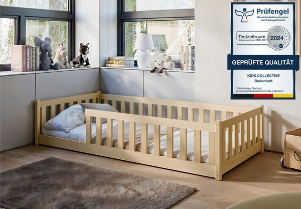 Kids Collective Kinderbett Bodenbett Bett mit Rausfallschutz & Lattenrost Montessori Bett Kinder (Jungen, Mädchen, Kinder, weitere Größen 90x200, 120x200, 140x200 cm), Jugendbett Einzelbett mit Matratze, natur Kiefer 80 x 160 cm