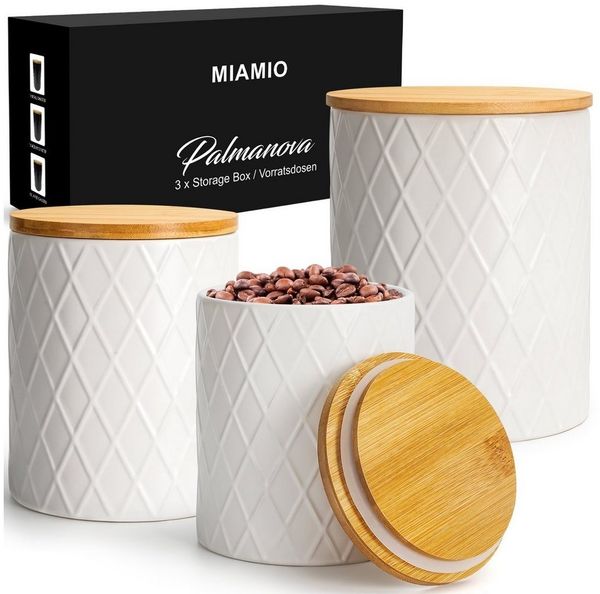 MiaMio Vorratsdose 3er Set Vorratsdosen aus Keramik mit luftdichtem Holzdeckel, (Set)