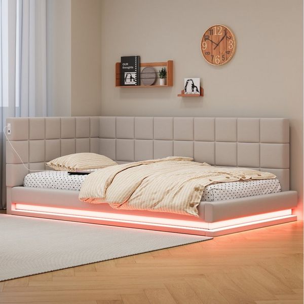 Flieks Polsterbett, Leinen Daybett Tagesbett Schlafsofa 90x200cm mit LED und USB Aufladen