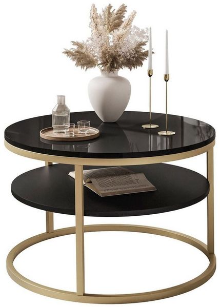 Lookway Couchtisch Ciri 60 mit Ablage, goldenem Gestell und Hochglanzplatte (1 Tische), Durchmesser: ⌀60 cm