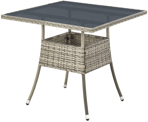 Juskys Polyrattan Gartentisch Yoro wetterfest - Balkontisch 80x80 cm eckig - Rattan Beistelltisch mit Glasplatte - kleiner Tisch für Balkon - Grau