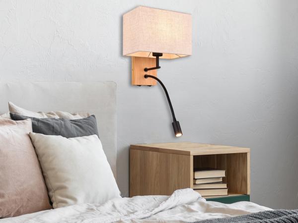 Wandleuchte NILAM mit LED Leselampe & eckigem Stoffschirm in Beige, Höhe 30cm