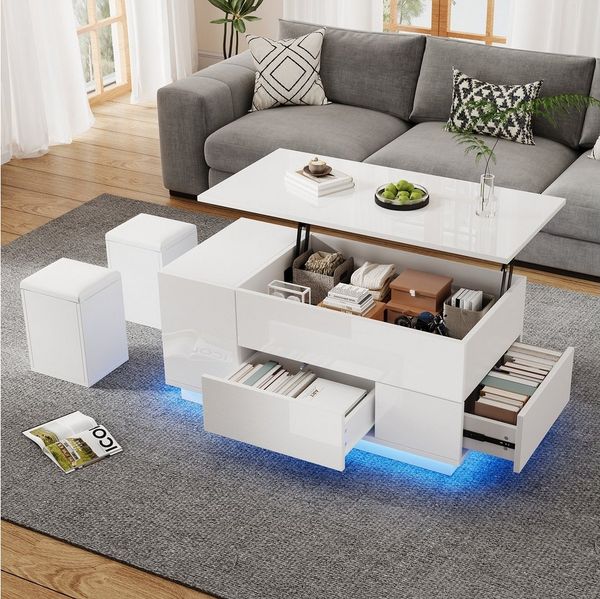 Merax Couchtisch 4-in-1 höhenverstellbar Sofatisch mit LED-Beleuchtung (1-St, mit App-gesteuertem Licht & Liftfunktion), Wohnzimmertisch mit verstecktem Stauraum & 2 Hocker, 100x50x45 cm