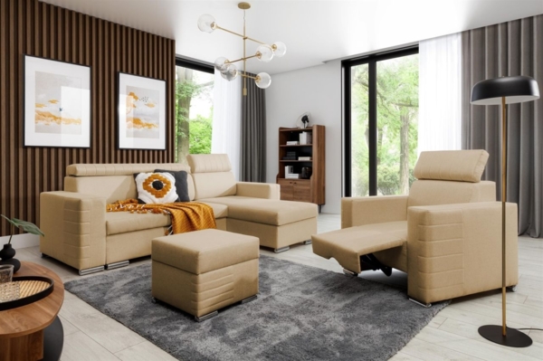 Ecksofa inkl. Hocker und Sessel CANTON Stoff Liverpool Beige Ottomane Rechts