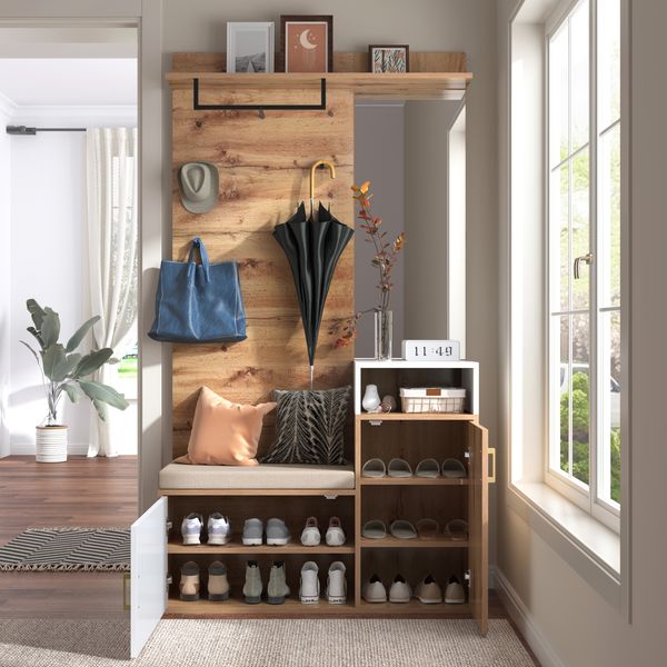 Garderoben-Set Weiß und Holzfarben 105x40x190,5 cm mit Spiegel und Schuhschrank