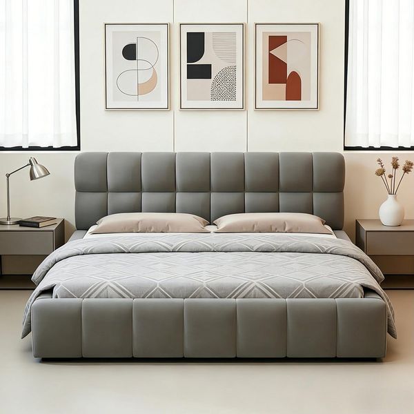 Simurq Polsterbett 140x200 cm Doppelbett Modernes, Jugendbett Leinen Stoff (1-tlg, ohne Matratze), Bubble Bett Mit Lattenrost gepolstertes Kopfteil