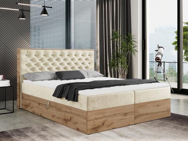 Boxspringbett mit Multipocket-Matratze und Zwei Bettkästen, Doppelbett mit Stauraum - ALBERO 3 - 160 x 200 cm - Beige Velours - H4