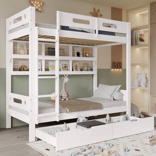 Merax Etagenbett (1-St, Stockbett Jugendbett Doppelbett), Kiefer Kinderbett 90x200cm mit 2 Schubladen, Bücherregal & Leiter