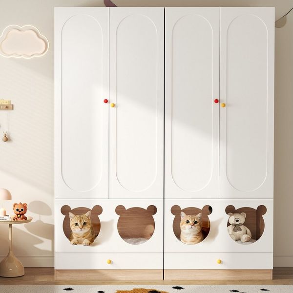 HAUSS SPOLE Kleiderschrank mit Bügelstange,Kinderzimmer-Set mit Katzenbett Weiß + Naturholzfarbe