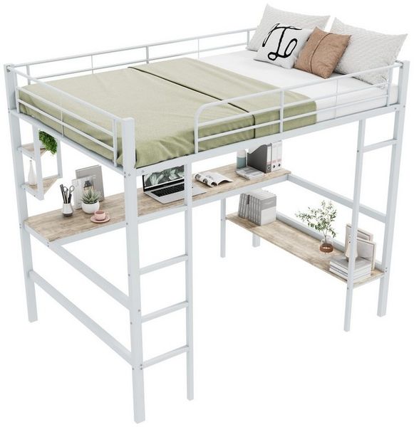 Flieks Hochbett Kinderbett Metallbett Etagenbett mit Schreibtisch & Regalen 140x200cm