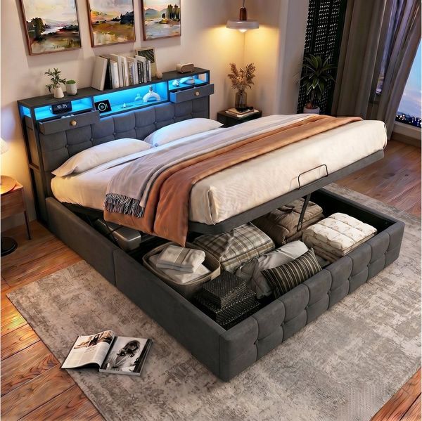 Gdood Polsterbett Stauraumbett Doppelbett LED (1 tlg, Inkl. Bettkasten), Mit LED-Beleuchtung, Ladefunktion, Samt, 140x200 cm