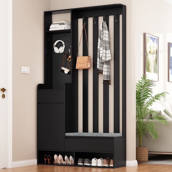 Flurgarderobe Schwarz 6-in-1 All-in-One Garderobe mit Sitzbank, Schublade, Stecktafel, 4 Kleiderhaken, Regal und Aufbewahrungsschrank
