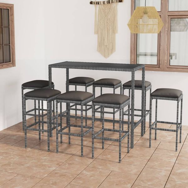 vidaXL 9-tlg. Gartenbar-Set mit Kissen Poly Rattan Grau 3064827