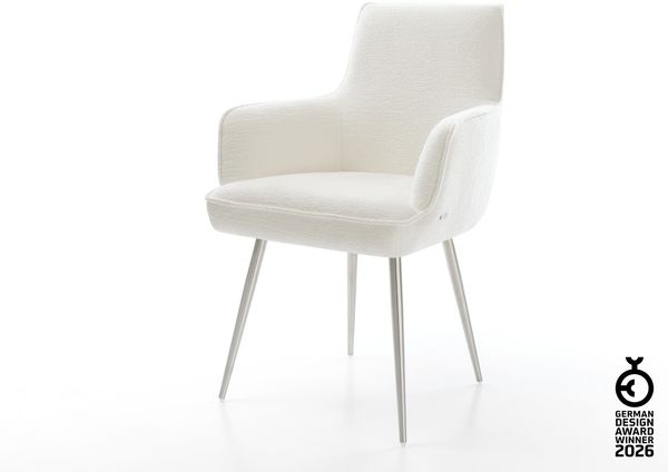 Esszimmerstuhl Heira-Flex mit Armlehnen Bouclé Soft Beige 4-Fuß konisch Edelstahl Taschenfederkern