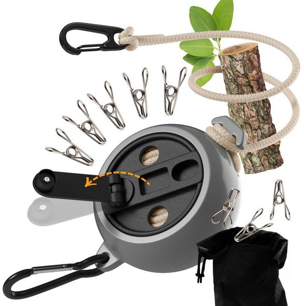 FOUORTUNATE-BEE Wäscheständer Tragbare Wäscheleine mit Kurbel, 10 m, für Camping & Reisen, Ausziehbare Outdoor-Wäscheleine rutschfest, ohne Bohren