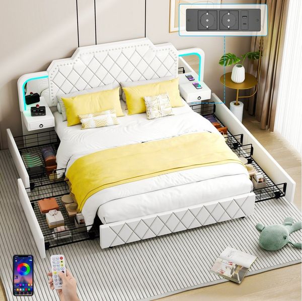 oyajia Polsterbett Bettanlage mit 2 Nachttische 4 Schublade (Stauraumbett LED & USB/Type-C Anschlüssen 180x200cm, Spiegel auf der linken und rechten Seite enthalten), gepolsterter Kopfteil, Doppelbett, PU Leder