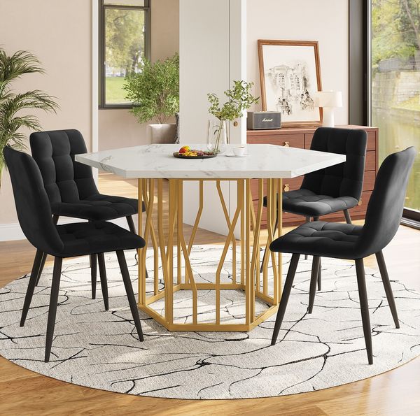 Esstisch Set 5-teilig sechseckiger Marmortisch 115,5x100x75 cm & 4 Samtstühle
