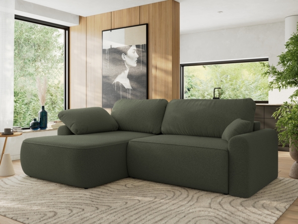 Ecksofa, L-förmiges, lose Kissen, DL-Schlaffunktion, (H 100 x T 187 x B 273 cm) - CUBO L - Boucle Grün - linke Seite