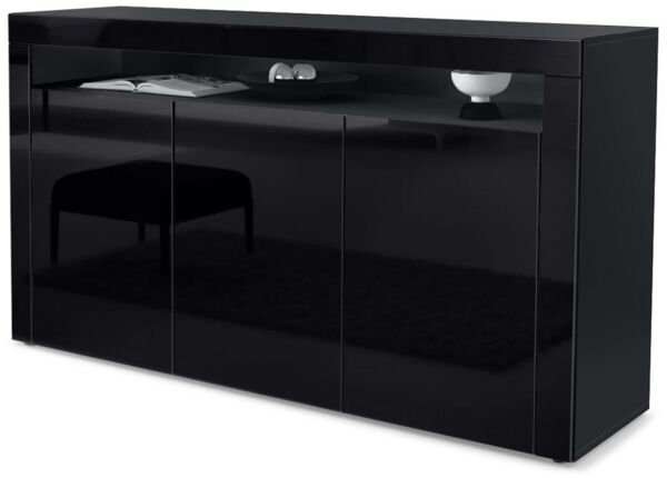 Vladon Sideboard Valencia, Kommode mit 3 Türen und 1 offenem Fach, Schwarz matt/Schwarz Hochglanz/Schwarz Hochglanz (155 x 92 x 40 cm)
