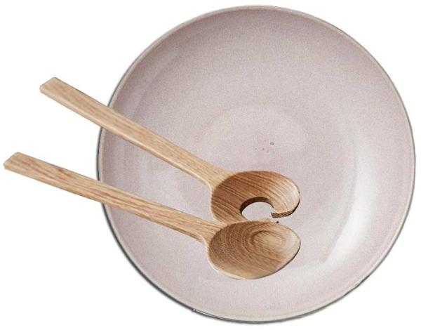 Bitz Set Servierschale rund 40 cm grau/hellpink + Salatbesteck 32 cm Eiche