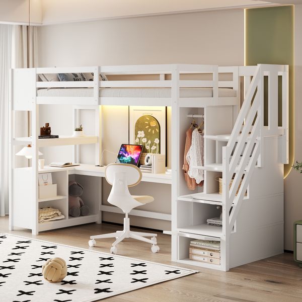 Holz-Hochbett 90 × 200 cm, Einzelkleiderschrank, Großer Schreibtisch, Aufbewahrungsschrank; Bettablagefach, Treppe mit Stauraum, Ausgestattet mit europäischen Steckdosen und LED-Lichtleisten, Weiß.