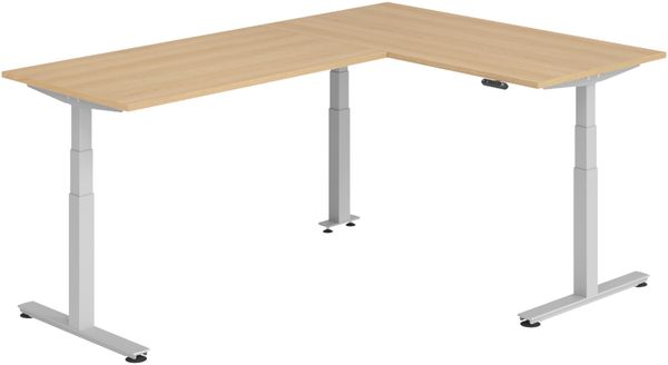 bümö Eckschreibtisch elektrisch höhenverstellbar L-Form: 160 x 240 cm in Eiche, Gestell silber - Stehschreibtisch mit Memory-Steuerung, elektrischer XXL Schreibtisch für die Ecke, XDSMW-1616-E-S