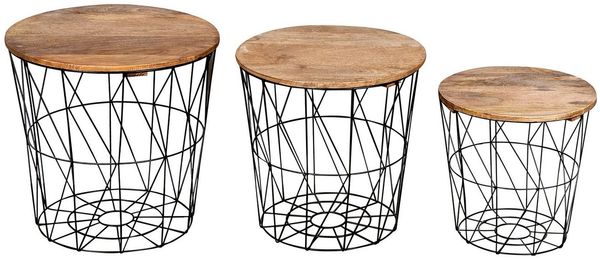 3er Set Beistelltisch Metall Metallkorb Schwarz Mango Couchtisch Holz Deckel Deko Aufbewahrung Design Tisch