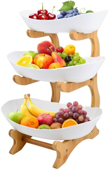 JEOBEST Obstschale Obsttablett Obstschale Obstkorb Etagere 3 Etagen, (1-tlg, Holz Steher) Rutschfestes, Leicht zu reinigendes