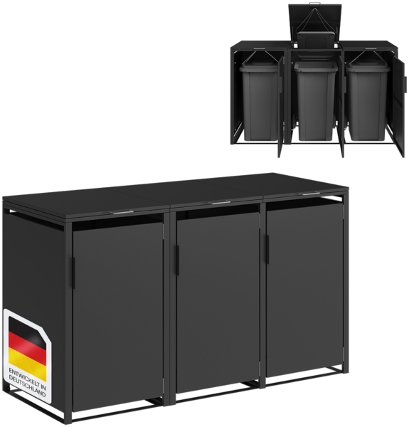 STEELSØN 'Thoria' Mülltonnenbox für 3 Tonnen je 240 Liter, graphitschwarz, Mülltonnenverkleidung aus Stahl, wetterfest, 116x80x203 cm