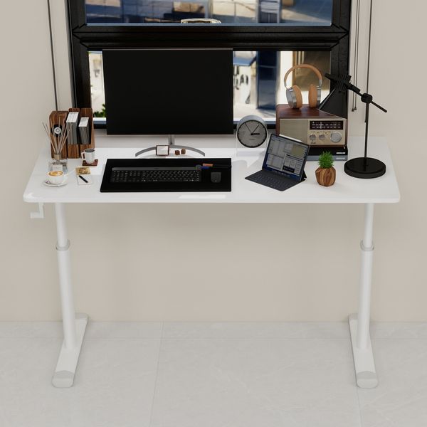 Schreibtisch höhenverstellbar Weiß,H 90 x T 120 x B 60cm, manuell per Kurbel, Metall & Holz, für Homeoffice und Arbeitszimmer