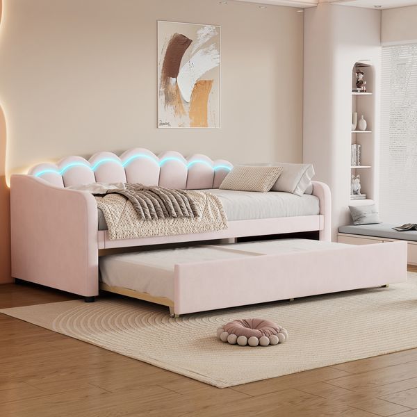 Daybettt, 90x200cm Tagesbett mit ausziehbarem Bett,Schlafsofa, Einzelbett(Ohne Matratze), Samt, farbwechselndes Umgebungslicht, Fernbedienung,minimalistisches Styling,Rosa