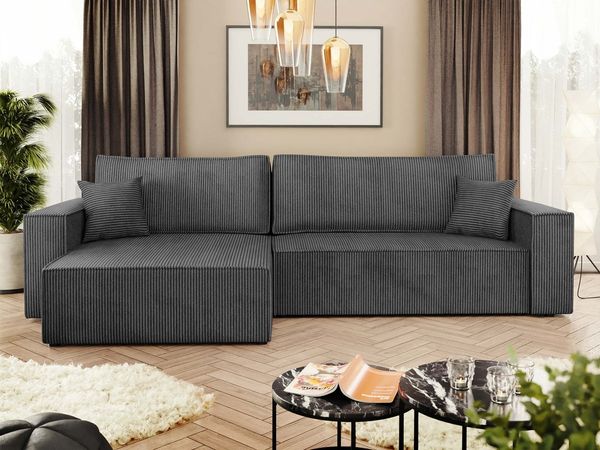 MIRJAN24 Ecksofa Karl Cord, mit Bettkasten und Schlaffunktion, Ottomane universal, Dekorative Kissen-Set