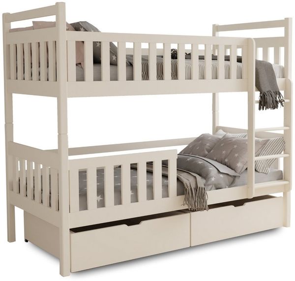 Deine Möbel 24 Etagenbett Hochbett Kinderbett MICO für 2 Kinder 80x180 90x200 Weiß Beige (Matratzen optional, 2-St, Bett, mit Lattenrost, Rausfallschutz, 2 Schubladen und Leiter), aus Massivholz Vollholz, in 2 Kinderbetten umbaubar