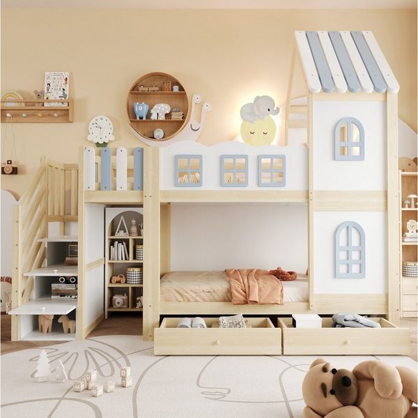 Flieks Etagenbett, Kinderbett 90x200 cm Hausform mit Stauraumtreppe Schubladen Regalen