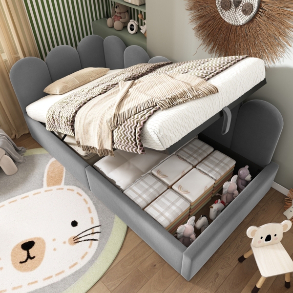 Merax Polsterbett Daybett 90x200 cm,Tagesbett Schlafsofa mit hydraulischem Stauraum, Kinderbett mit Metall-Lattenrost, Samt, Grau