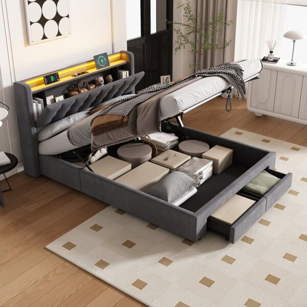HAUSS SPOLE Polsterbett 140×200 mit bettkasten und Steckdosen Boxspringbett mit matratze & LED