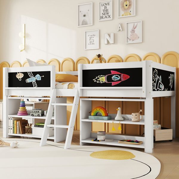 Bett 90x200 cm halbhoch aus Kiefernholz mit Stauraum und Zeichenbrett – platzsparend und kindersicher