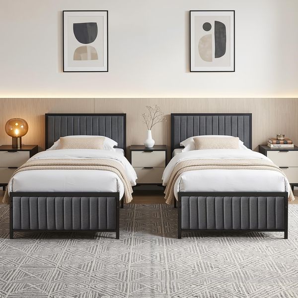 VECELO 2er-Set Polsterbett 90x200 cm, Bettgestell mit gepolstertem Kopfteil und Metall-Lattenrost, 32 cm Stauraum unter dem Bett, kein Boxspring nötig, stabil, für Erwachsene und Jugendliche, Grau