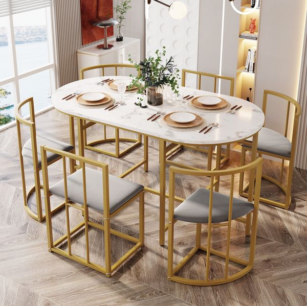 Esstischgruppe in Weiß H 76 x T 140 x B 80 cm mit MDF-Tisch und 6 Stühlen, goldfarbenes Eisengestell