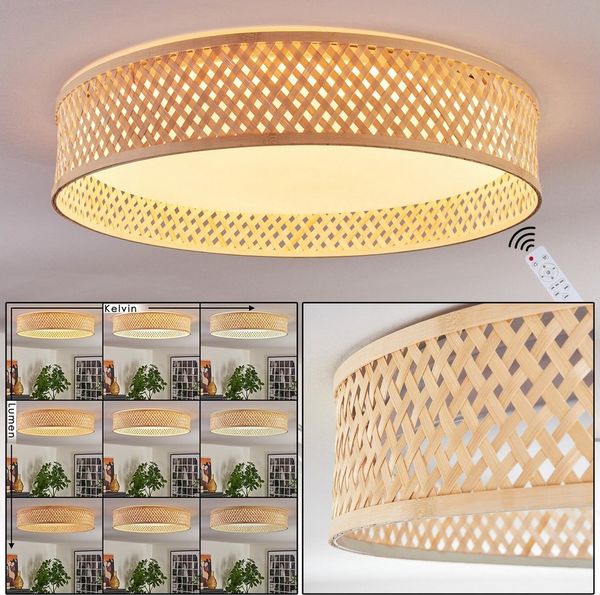 hofstein Deckenleuchte Deckenlampe im Boho-Design aus Metall/Bambus/Kunststoff in Weiß/Natur, ohne Leuchtmittel, Deckenleuchte dimmbar, Fernbedienung, Memory-Funktion, CCT einstellbar