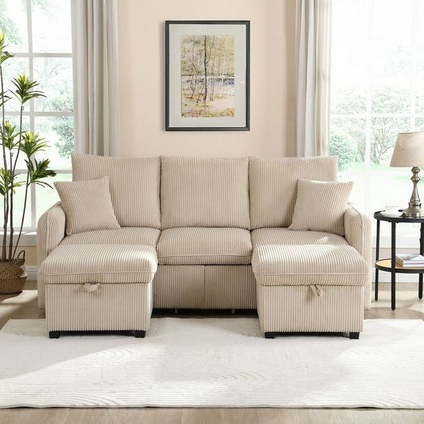 Ulife Ecksofa mit Schlaffunktion U-Form-Dreisitzer Polster-Sofa,Wohnzimmer, modular zerlegbares Sofa-Set 3 Teile, Inklusive Schubladen + Hocker mit Staufach