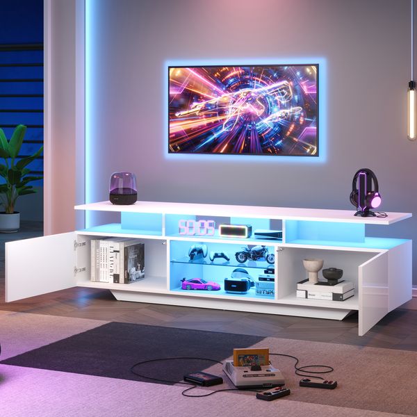 TV-Schrank 160 x 40 x 45 cm in Weiß, Hochglanz mit LED, 2 Türen, MDF und Glas
