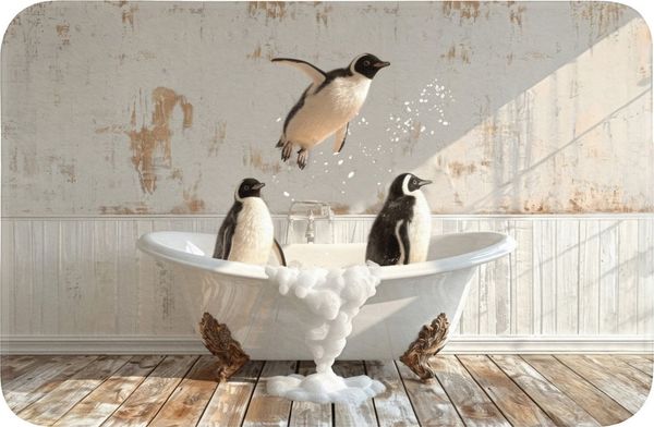 OnlyWow Badematte Vintage - Pinguin - Badewanne - Schaumstoff, Höhe 10 mm, Polyester, Rechteckig, Badezimmerteppich, Badteppich, Rutschfest, Badvorleger, Waschbar